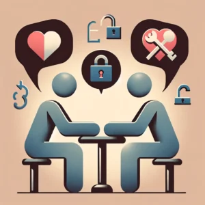 Dialogue of Consent: Love and Trust in the Kink Community Abstract figures in dialogue with speech bubbles containing a heart and a lock, symbolising consent and communication in kink acceptance.