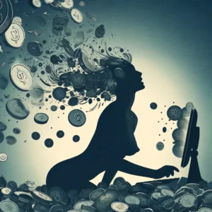 Tokens of Appreciation: Enhancing the BDSM Webcam Experience Through Tipping Digital tokens cascading towards a screen silhouette, symbolizing viewer support and appreciation in the BDSM webcam community.