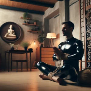 Serene BDSM dungeon scene with a man in latex, contemplatively tied with rope, set against a backdrop of soft lighting and minimalistic decor, illustrating the meditative aspects of the practice.
