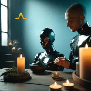 A tranquil BDSM setting with a woman in latex and a man wearing a latex mask, engaging in a calm interaction amidst candles and soothing colors, emphasizing trust and mental clarity.