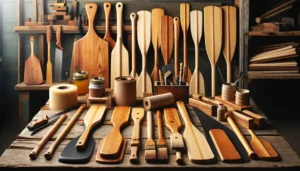 DIY Wooden Paddle Crafting Process A series of finished and unfinished wooden paddles are displayed on a rustic wooden table, highlighting the DIY process. Various stages of the paddle-making process are shown, from raw cut wood to sanded and varnished paddles. Tools such as saws, sandpaper, and varnish cans are part of the setup. The background includes a soft-focus view of a home workshop, adding a sense of authenticity and the DIY spirit.