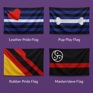 Four fetish pride flags displayed against a purple background: Leather Pride, Pup Play, Rubber Pride, and Master/slave Flag.