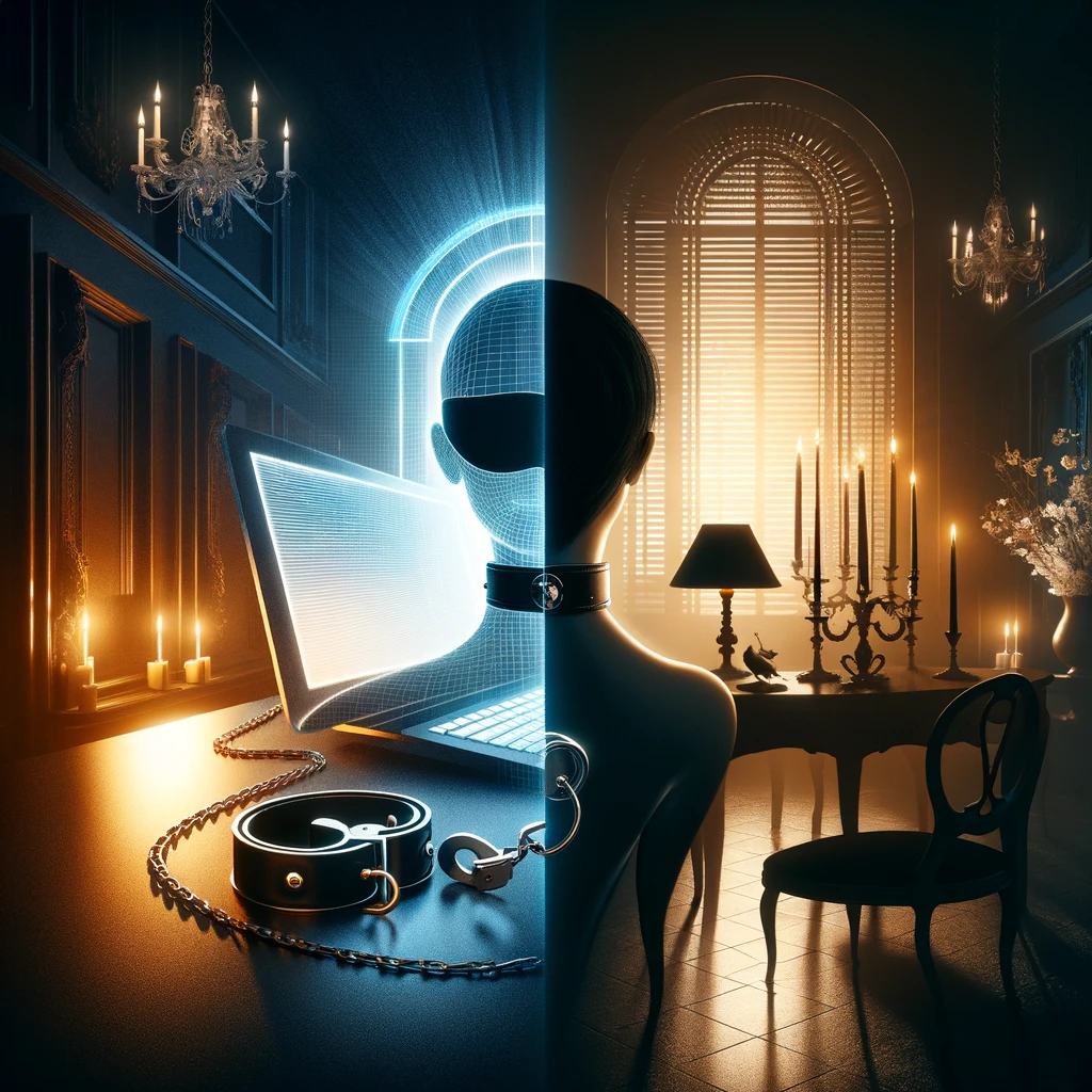 From Virtual Connection to Real-Life Bond: A Journey in BDSM Abstract representation of a transition from an online BDSM relationship to a real-life session, featuring a computer screen glowing in the background and a dimly lit, elegant room in the foreground with tasteful BDSM elements like a collar and cuffs, evoking a sense of anticipation, trust, and depth in a relationship.