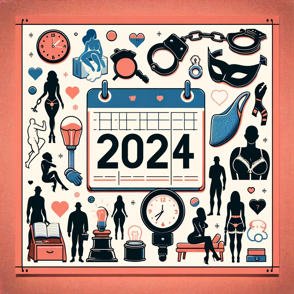 Embracing Diversity: The Acceptance of Kink in 2024 A modern and inclusive illustration featuring a 2024 calendar, diverse silhouettes of people, and symbolic BDSM elements like handcuffs and a mask, representing the positive acceptance and evolution of kink in 2024.