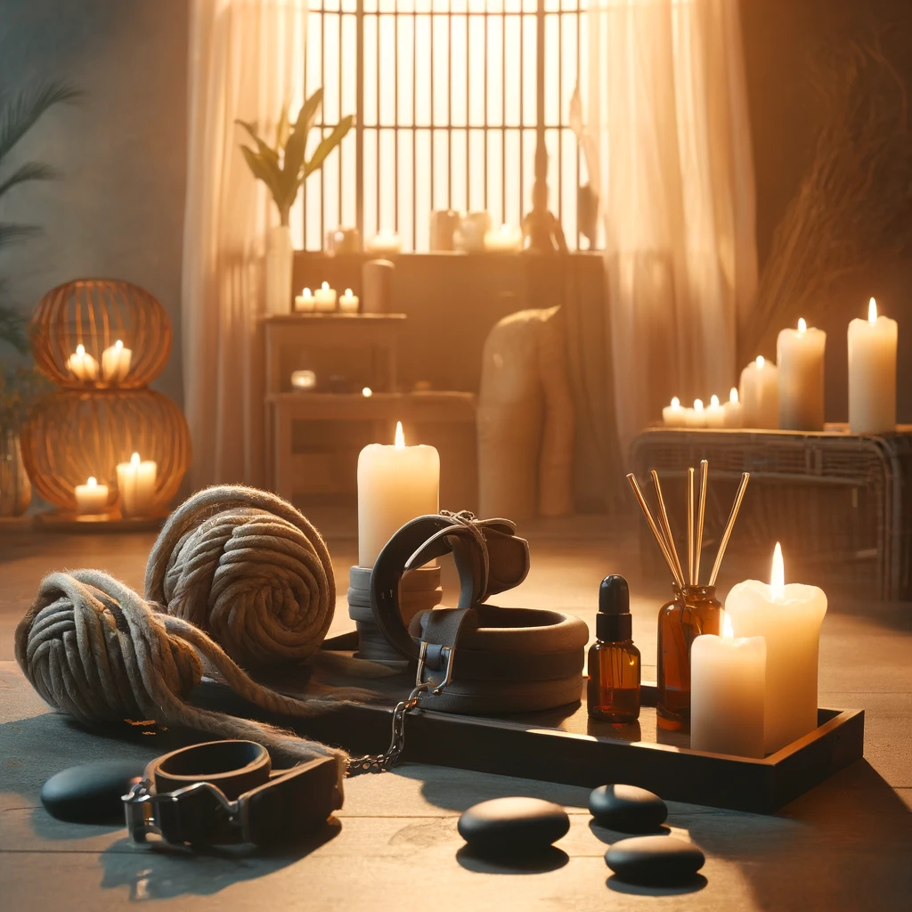 Harmony in Contrast: Blending BDSM with Wellness Elements Serene and meditative space blending BDSM elements like ropes and cuffs with wellness decor including candles and Zen stones, evoking a sense of peace and mindfulness.
