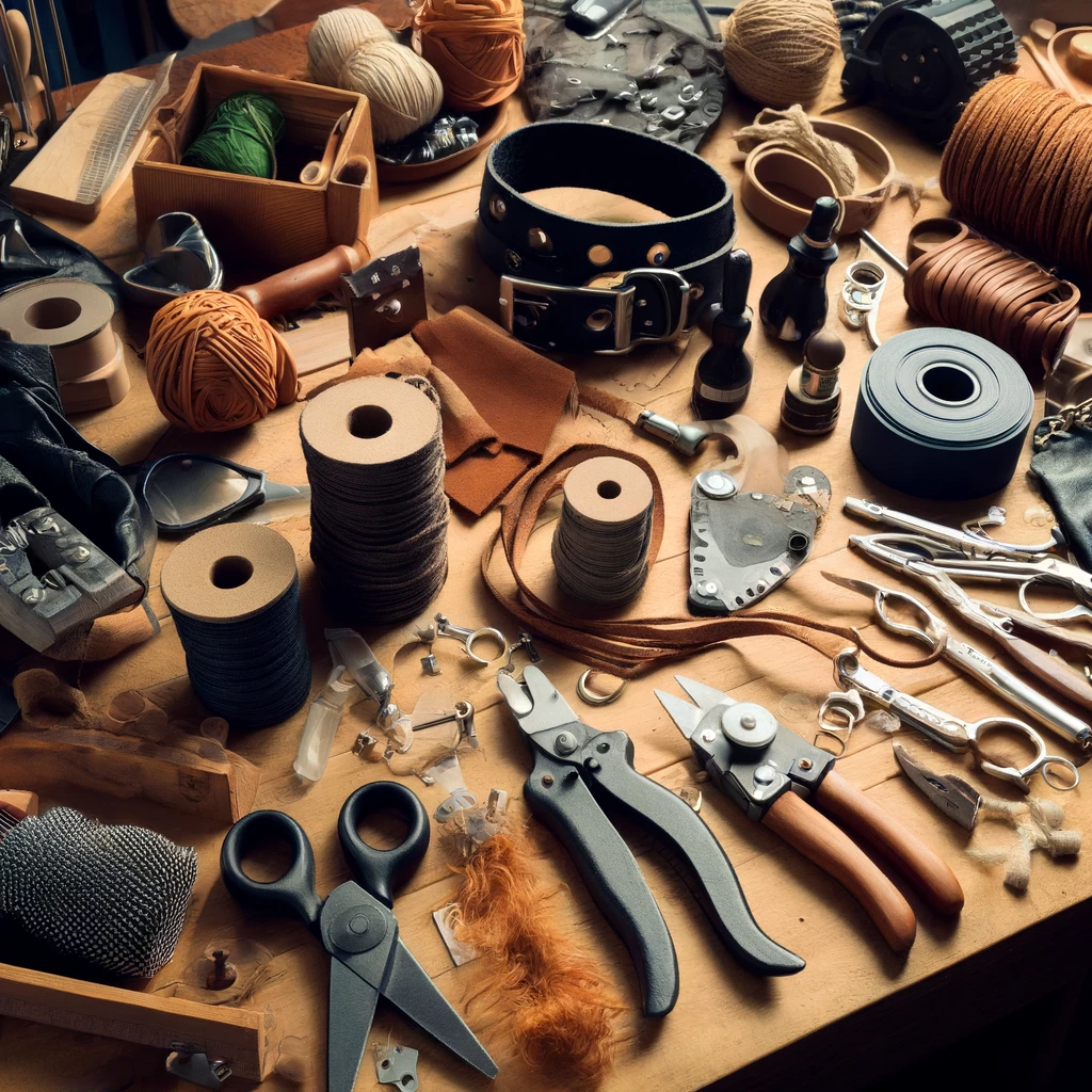 Crafting Personal BDSM Gear: A DIY Workshop Scene Creative workspace filled with DIY BDSM gear crafting materials like leather, ropes, wood, and metal fasteners, alongside tools such as scissors and hammers, depicting a blend of craftsmanship and artistic design.