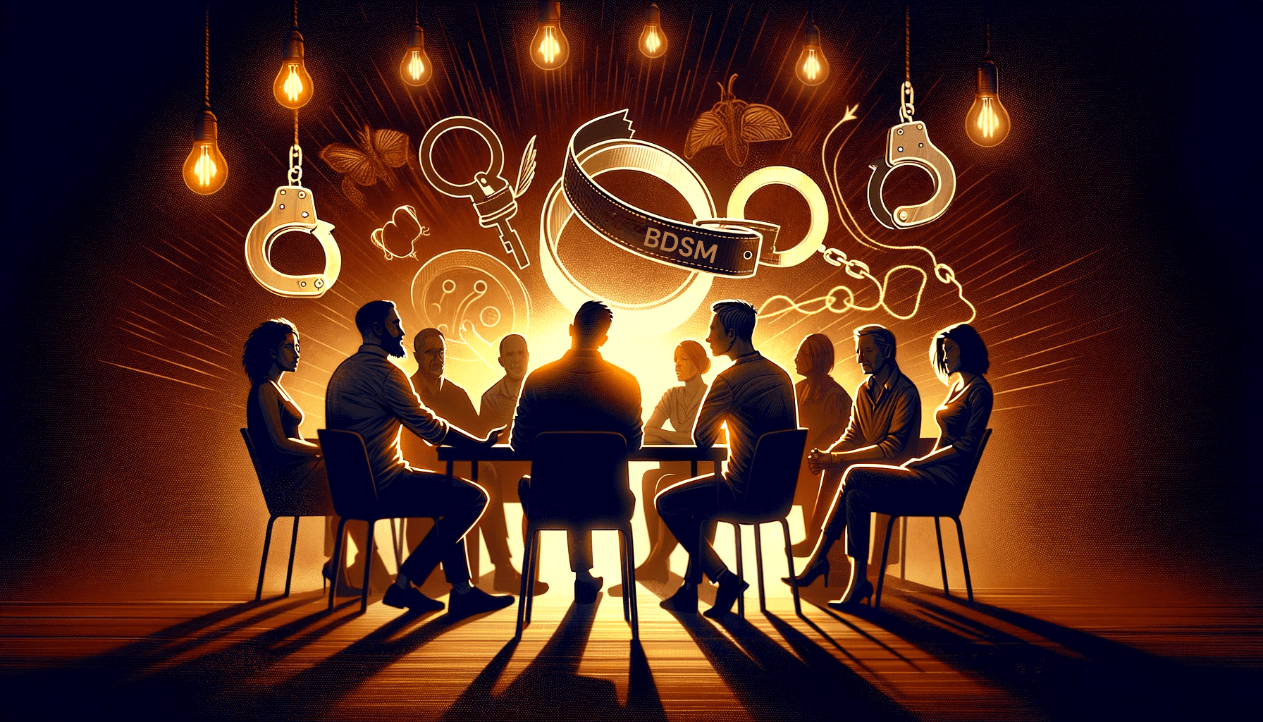 Breaking BDSM Stigma: Embracing Understanding A diverse group of individuals engaging in a respectful BDSM discussion, symbolizing acceptance and understanding.