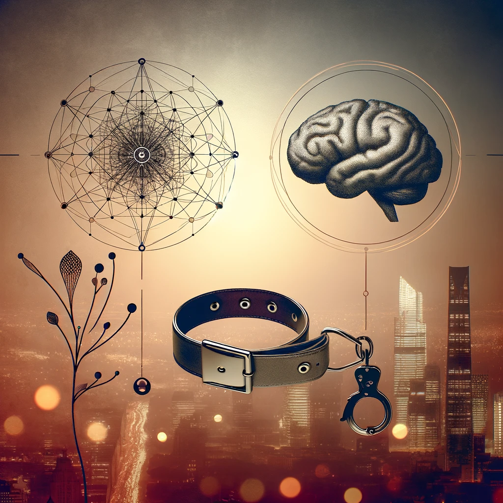 The Psychology Behind Dominance and Submission in BDSM Elegant image featuring BDSM symbols like cuffs and a collar, with a brain icon suggesting psychological depth.