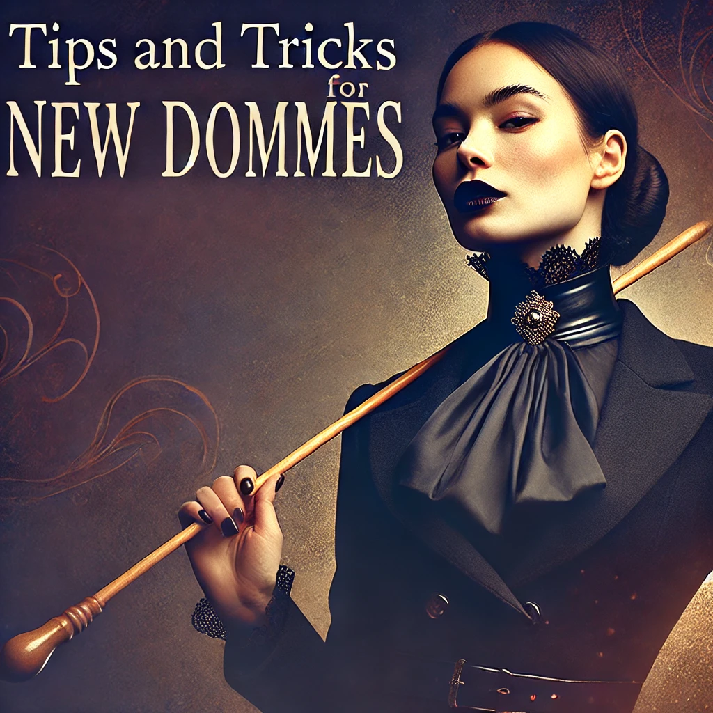 Tips and Tricks for New Dommes Confident woman in a dominant, elegant outfit holding a riding crop with a luxurious, mysterious background. Text reads 'Tips and Tricks for New Dommes.'