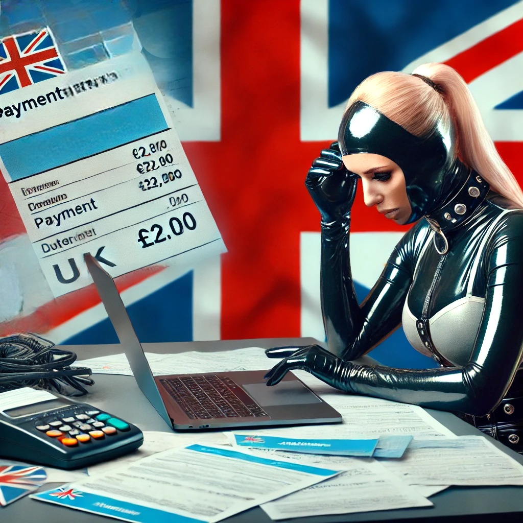 Webcam Performer Facing Payment Challenges Frustrated female webcam performer wearing latex clothing, sitting at a desk with a laptop, surrounded by payment notifications and financial documents, with a UK flag in the background.