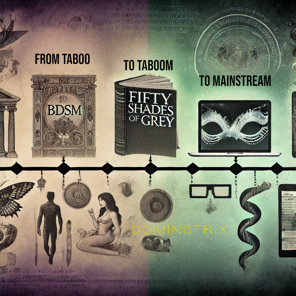 The Evolution of BDSM: From Taboo to Mainstream A symbolic representation of BDSM's journey from secrecy to mainstream acceptance, featuring images of historical texts, modern media, and online platforms.