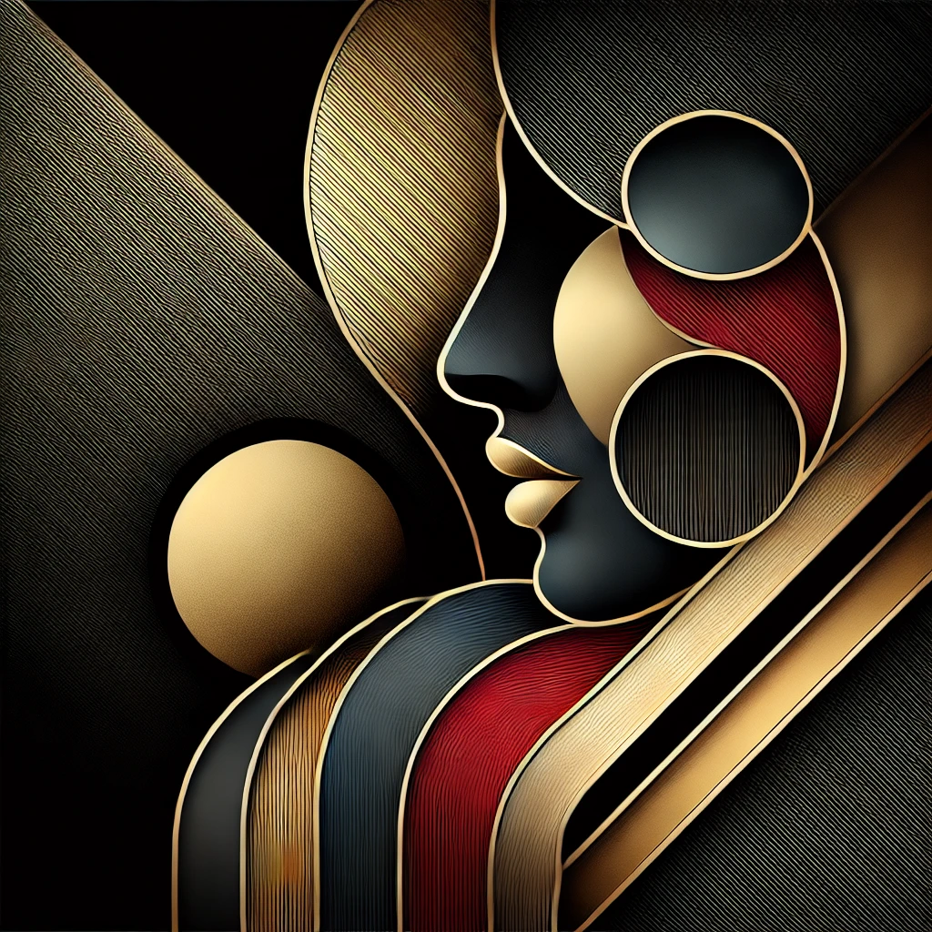 Abstract representation of cultural fascination and strength, using bold contrasts and deep colors to symbolize allure and power.