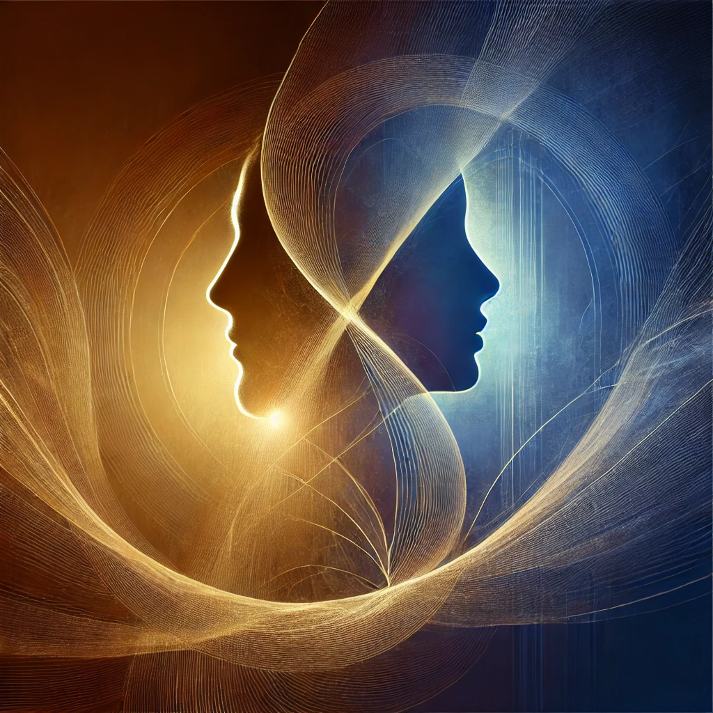 Bridging Online Fantasies and Real-Life Intimacy Abstract image symbolising the blending of online fantasies and offline intimacy, featuring overlapping silhouettes and a gradient background of blues and golds.
