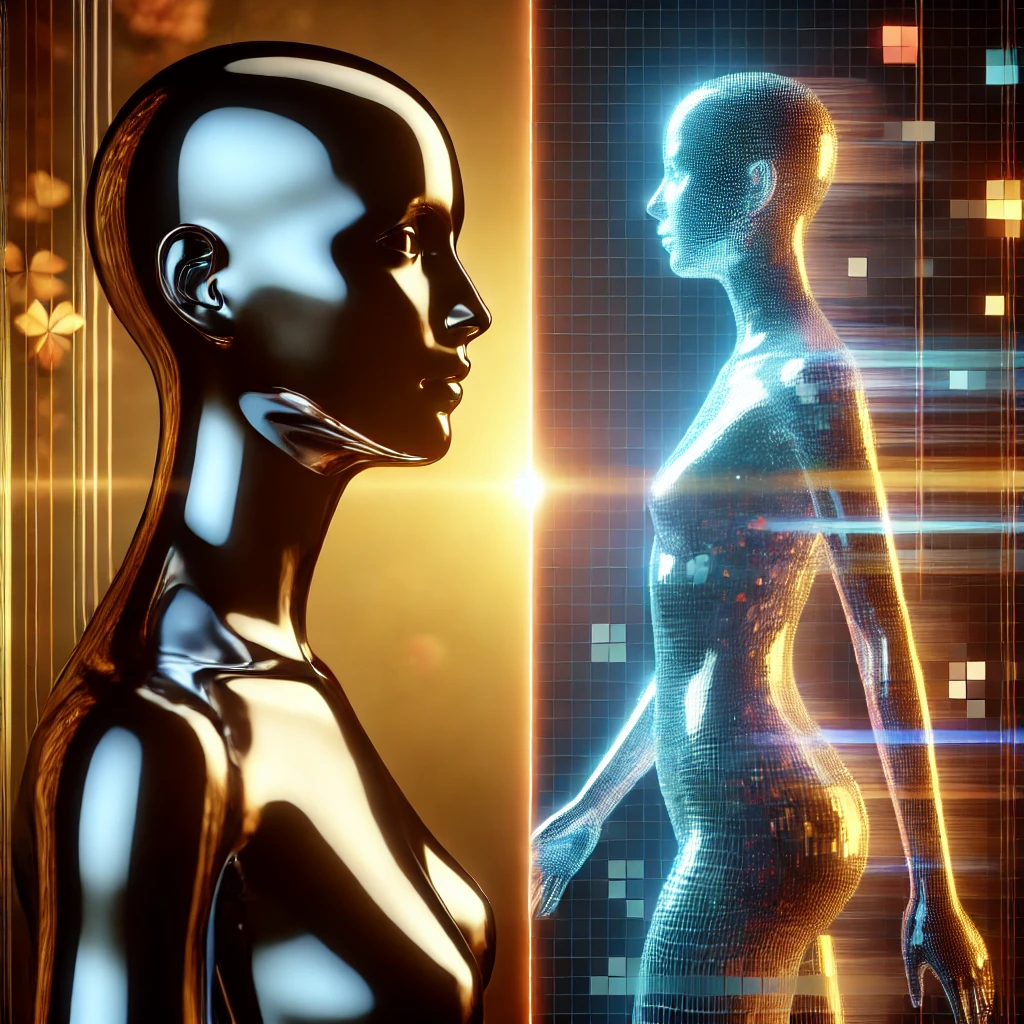 The Fusion of Reality and Digital Identity An abstract image representing the contrast between physical and digital identity, with a glossy human figure transitioning into a futuristic AI-generated form.