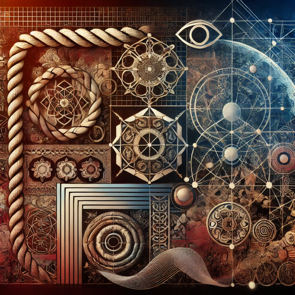 Cultural Diversity in Fetish Exploration An abstract and artistic representation of global fetish diversity, featuring symbolic textures, intricate patterns, and a subtle world map overlay with interconnected lines.