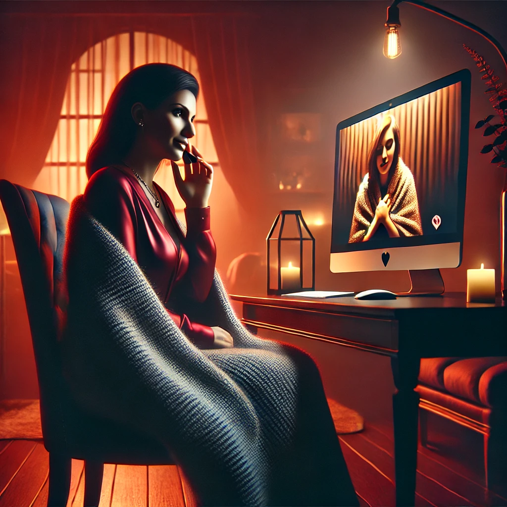 Virtual Aftercare: Building Trust and Connection in Webcam BDSM confident woman in a dimly lit, luxurious room provides virtual aftercare through a webcam session. She speaks softly into a microphone, offering reassurance to a client displayed on her screen, who is wrapped in a cozy blanket. The atmosphere is warm and calming, with deep red and black tones, creating a sense of trust and emotional connection.