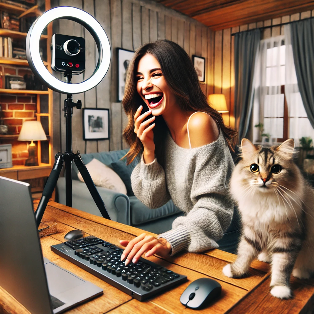 Handling Unexpected Moments in Webcam Sessions A webcam model laughing while adjusting her setup.