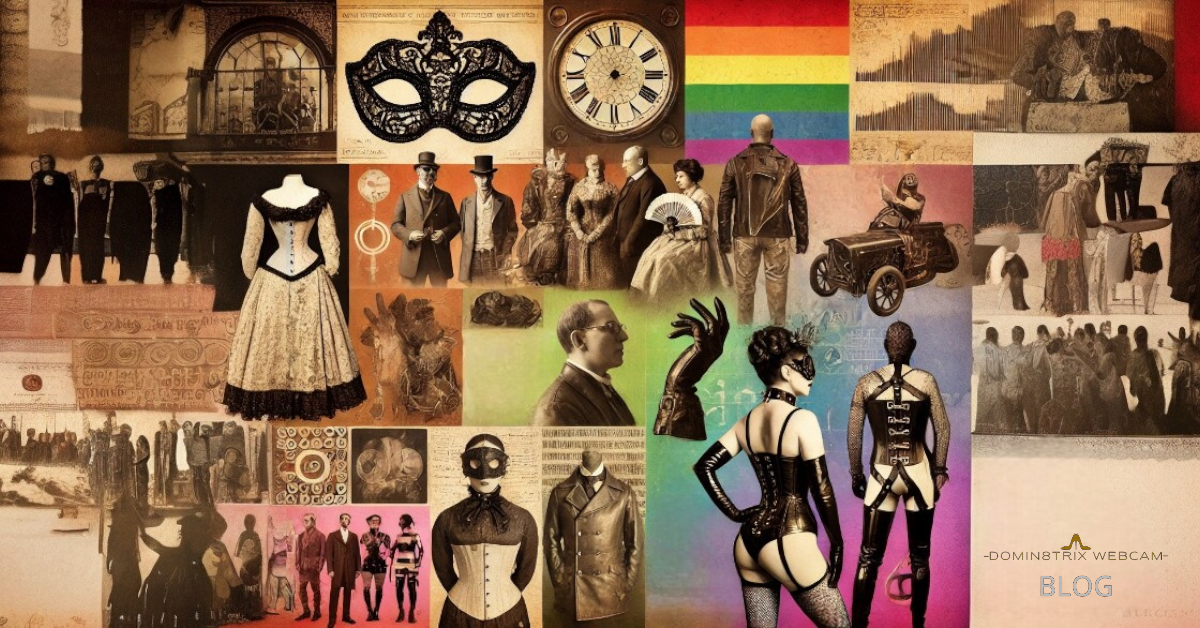 From Shadows to Spotlight_ The Evolution of Fetish Culture-Photoroom A visual timeline collage depicting the evolution of BDSM and fetish culture from historical secrecy to modern-day acceptance.