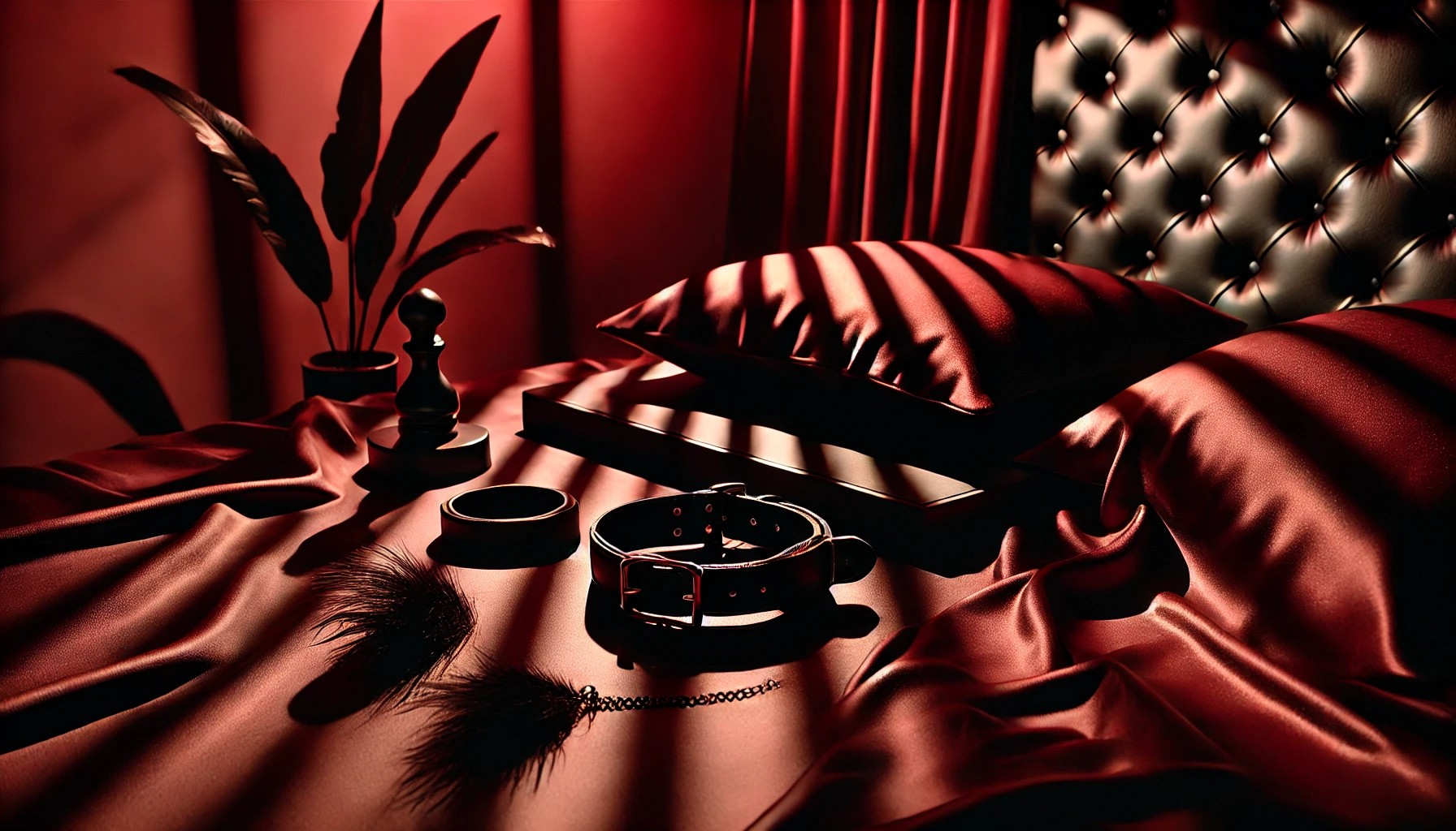 Symbolism in Shadows – The Dark Side of Kink Abstract red-lit leather collar in a moody bedroom with deep shadows and satin textures, symbolising complex BDSM power dynamics.