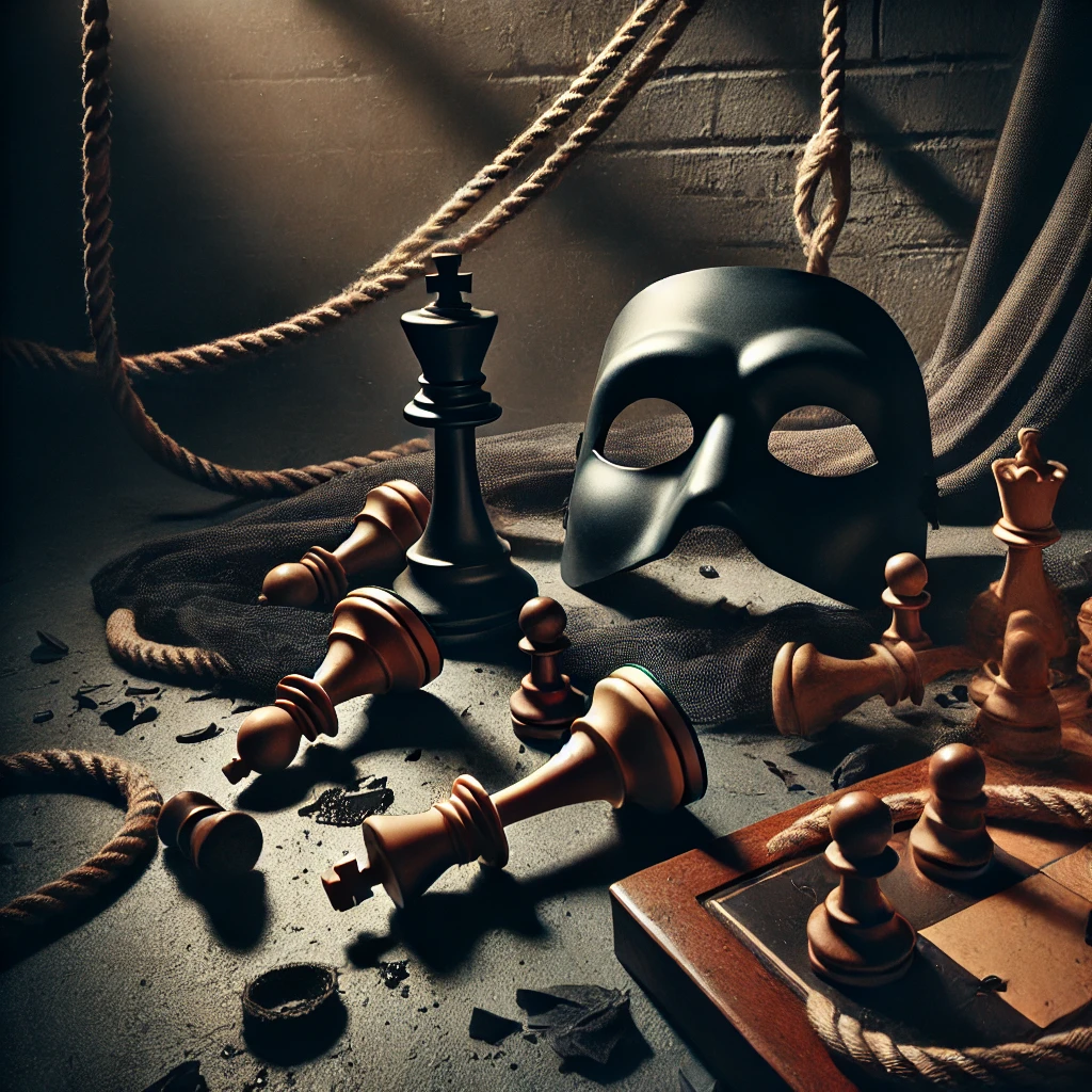 Unmasking the Shadows of Power Play Symbolic scene of a fallen chess king, scattered ropes, and shadow of a mask — representing toxic power dynamics.