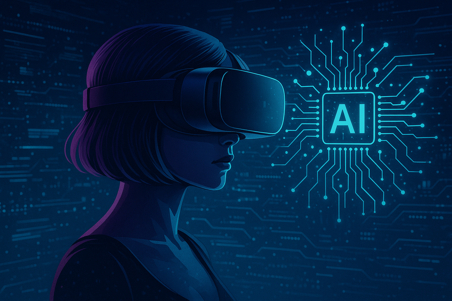 The Future of Fetish Tech VR and AI in Adult Entertainment Person wearing a VR headset in a futuristic digital environment with AI interface glowing in the background
