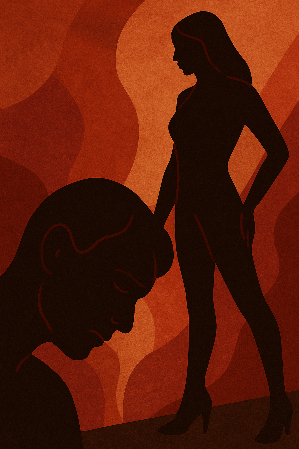 Erotic Humiliation – Exploring Shame, Pleasure and Power Dominant woman confidently standing over submissive partner in a dimly lit room, symbolising erotic humiliation and trust