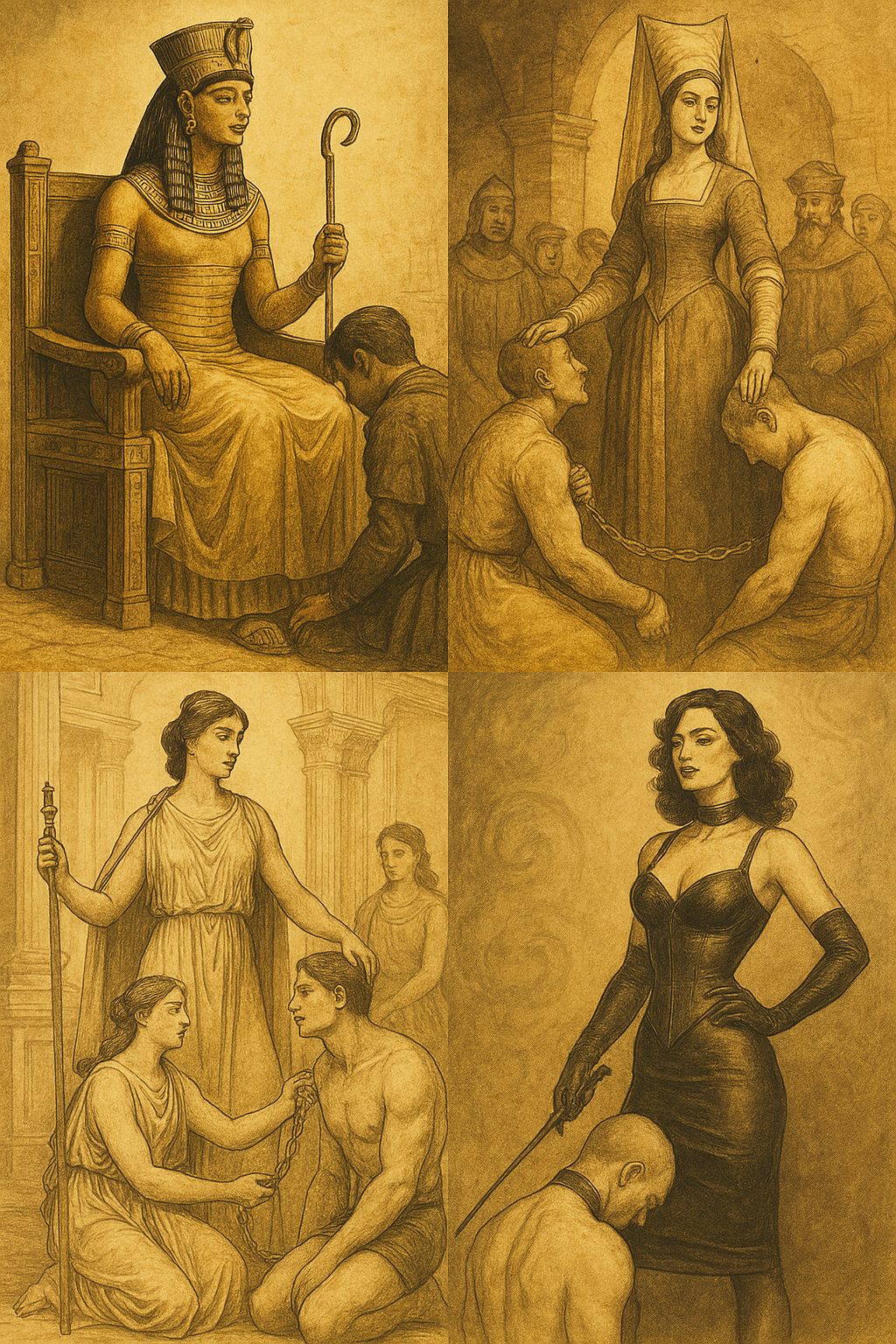 Femdom Through the Ages Artistic Collage of Female Power Artistic depiction of dominant women through history, including Cleopatra, a medieval noblewoman, a Roman goddess, and a modern dominatrix.