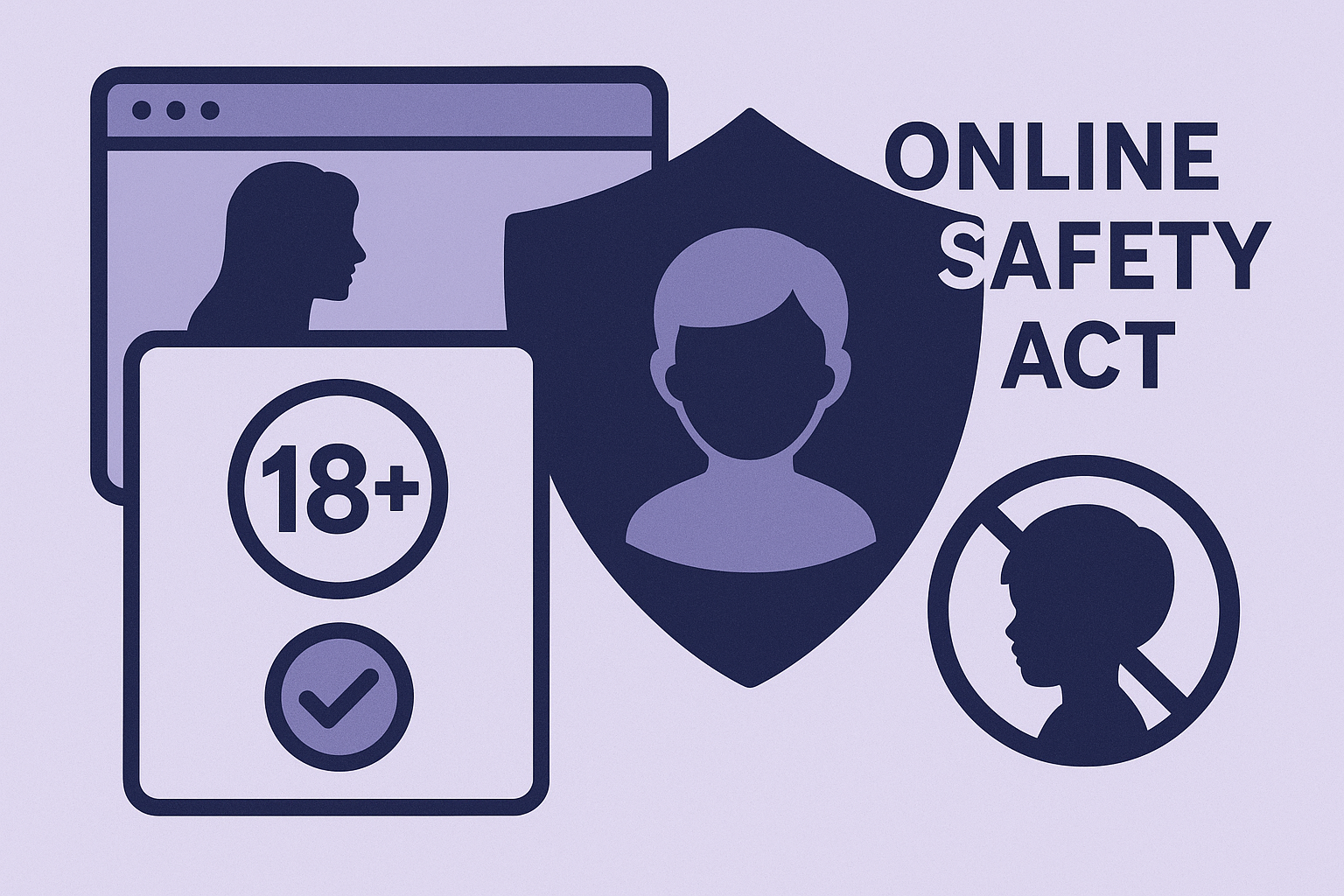 Online Safety Act Shields Children with Age Gates Illustration of age verification screen, child safety shield, and adult content warning