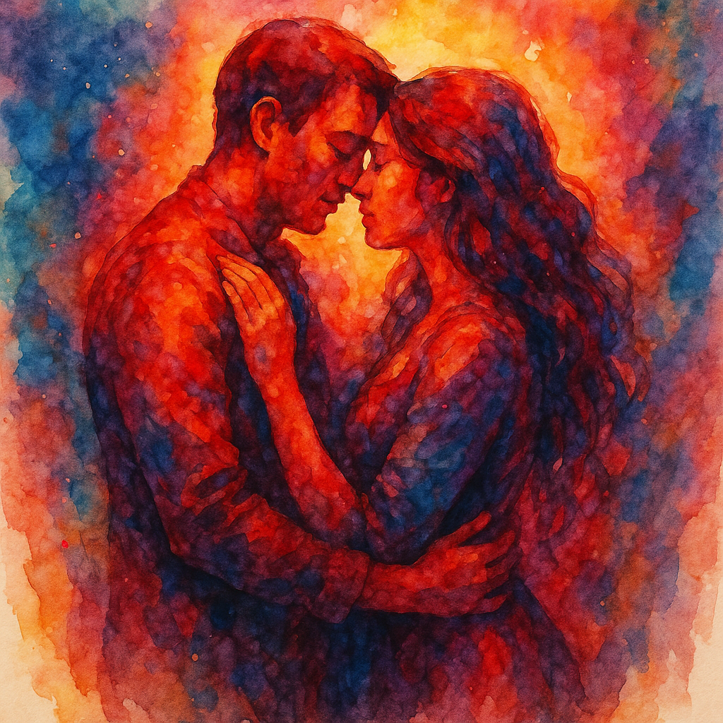Cosmic Embrace – Abstract Watercolor Couple A romantic abstract watercolor painting of a couple embracing, vividly blending hues of love and emotional intimacy.