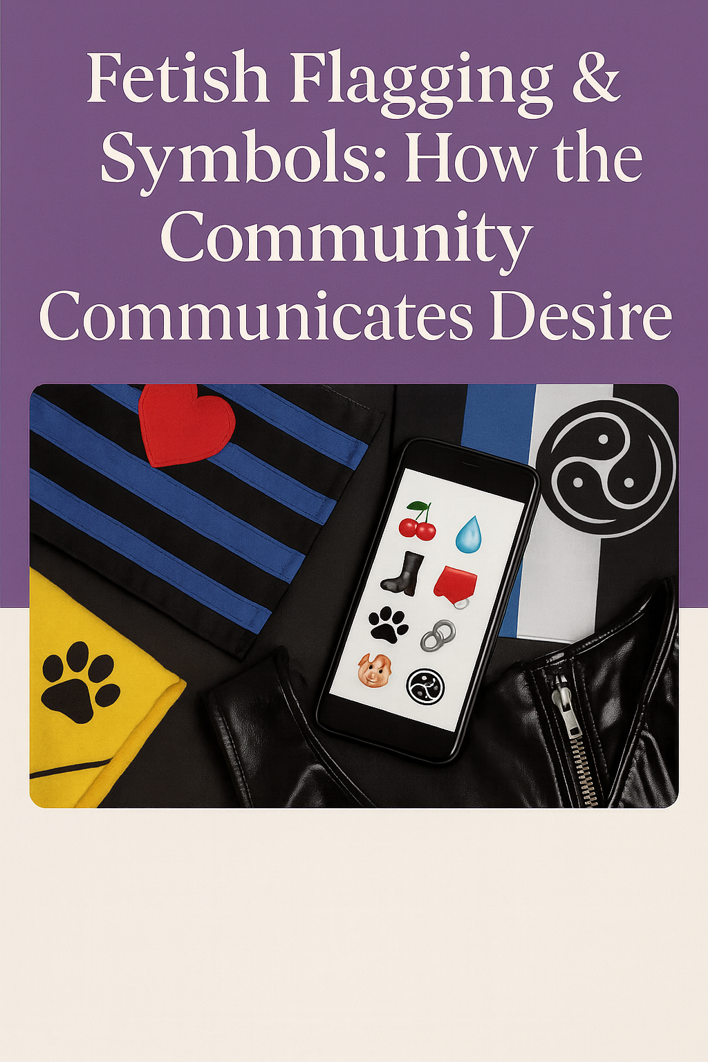 Fetish Symbols and Flagging in the Kink Community Leather pride flags, kink accessories, and a smartphone displaying fetish-themed emojis against a purple background.