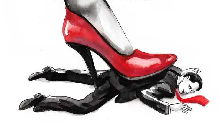 Power and Submission in FemDom – High Heel Worship Illustration Illustration of a red high heel stepping on a suited man, symbolising female dominance and submission.