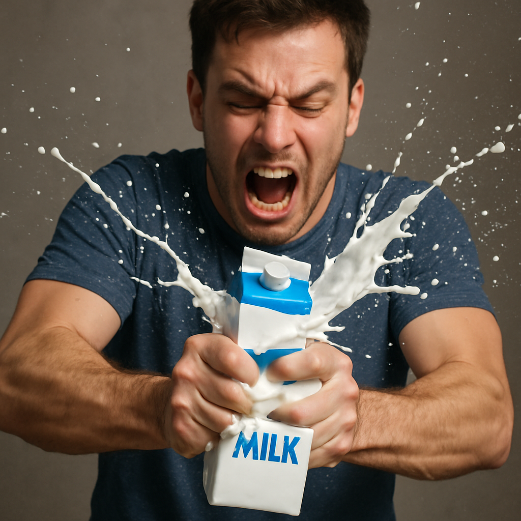 The Tension Before Release A Visual Metaphor for JOI A man squeezing a milk carton tightly as it bursts, symbolising erotic suspense and release.
