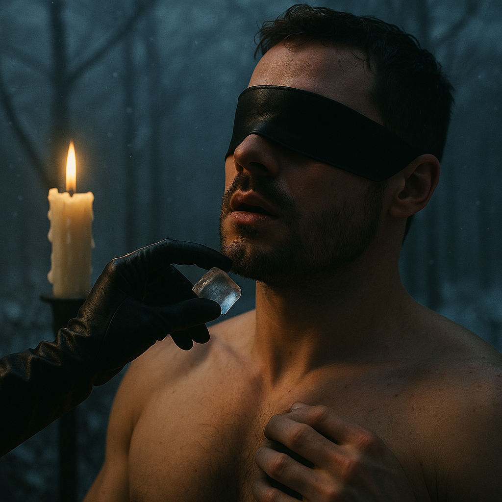 Gloved hand holding ice near blindfolded partner with candlelight in background, evoking cold and heat dynamics.