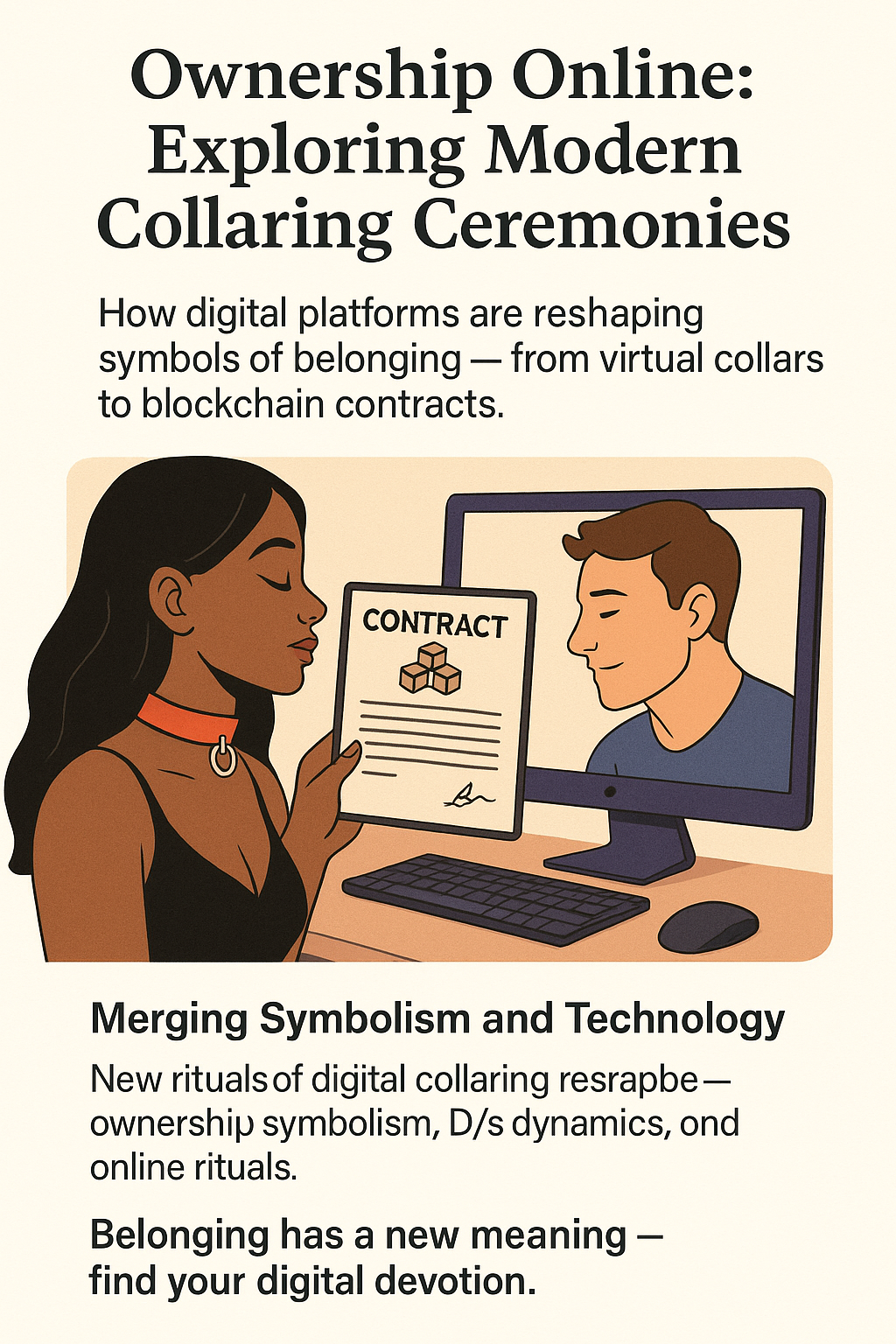 A woman wearing a digital collar holds a blockchain contract during an online collaring ceremony with her Dom on a computer screen.