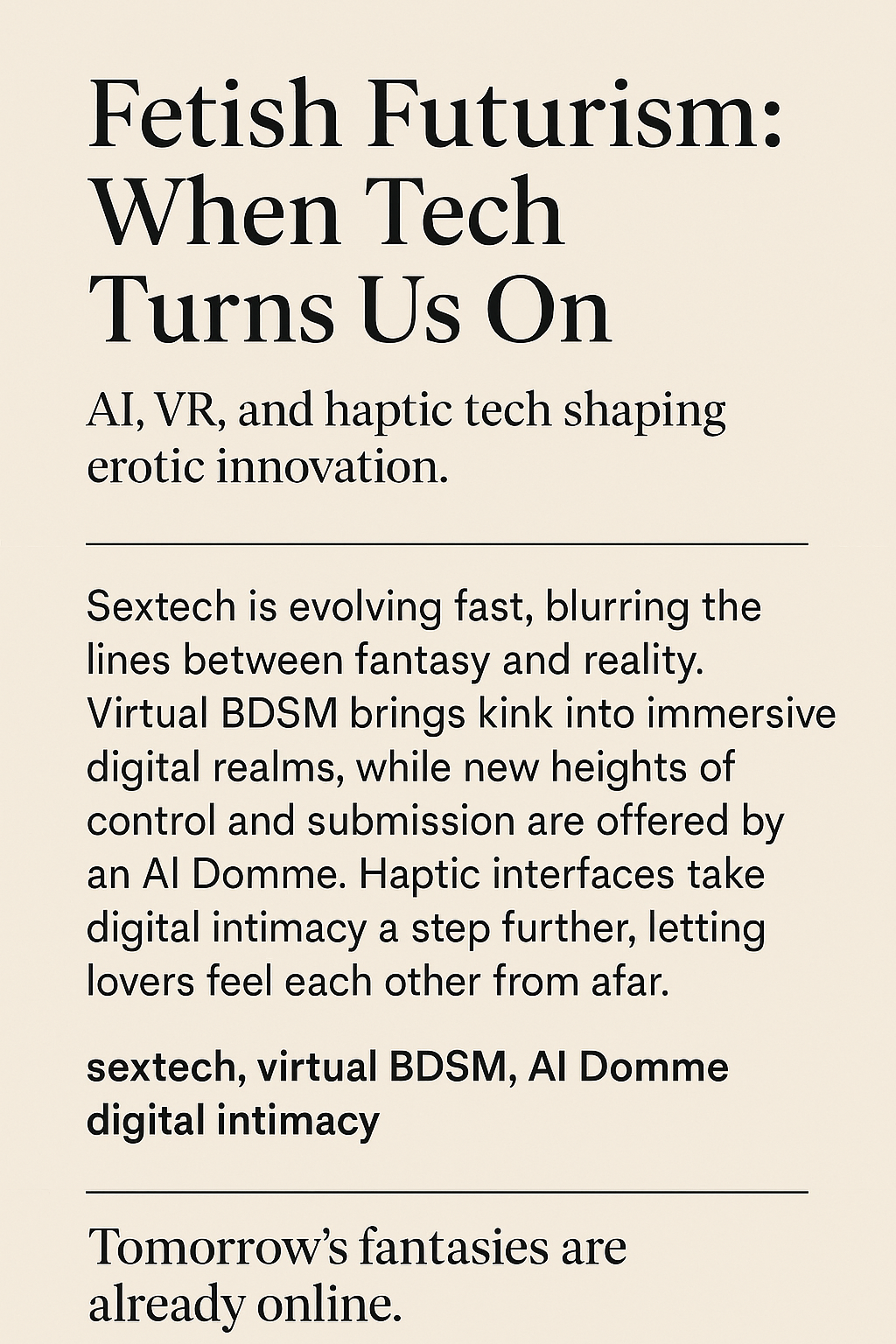 Minimalist digital poster reading "Fetish Futurism: When Tech Turns Us On", referencing AI, VR, and haptic tech in erotic innovation.