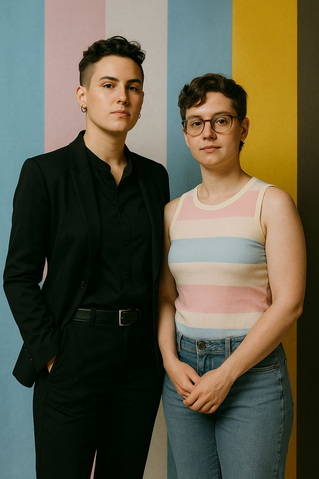 Non-binary domme standing confidently in a moody, stylish setting symbolising inclusive BDSM power dynamics.