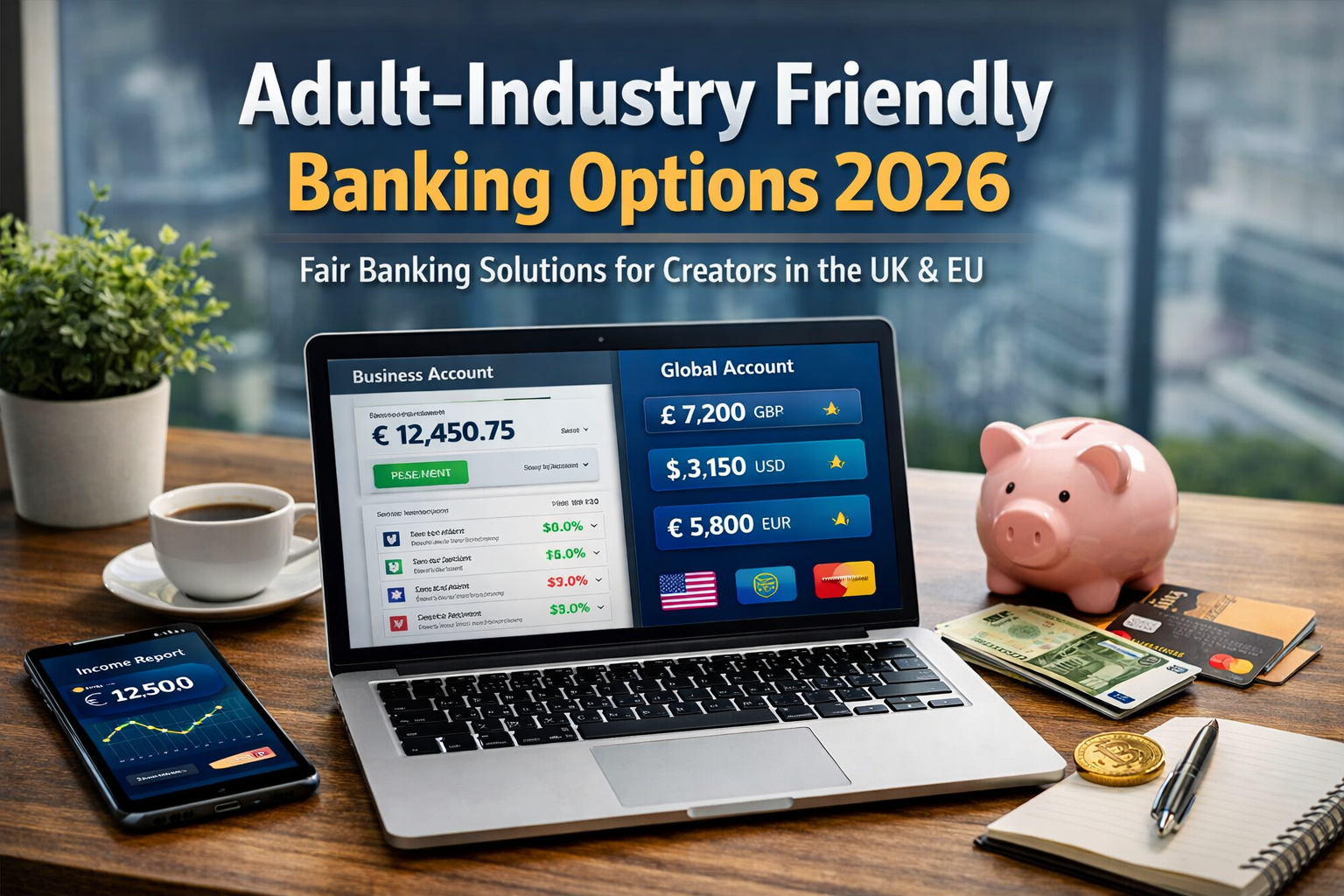 Modern office workspace showing online banking options on a laptop