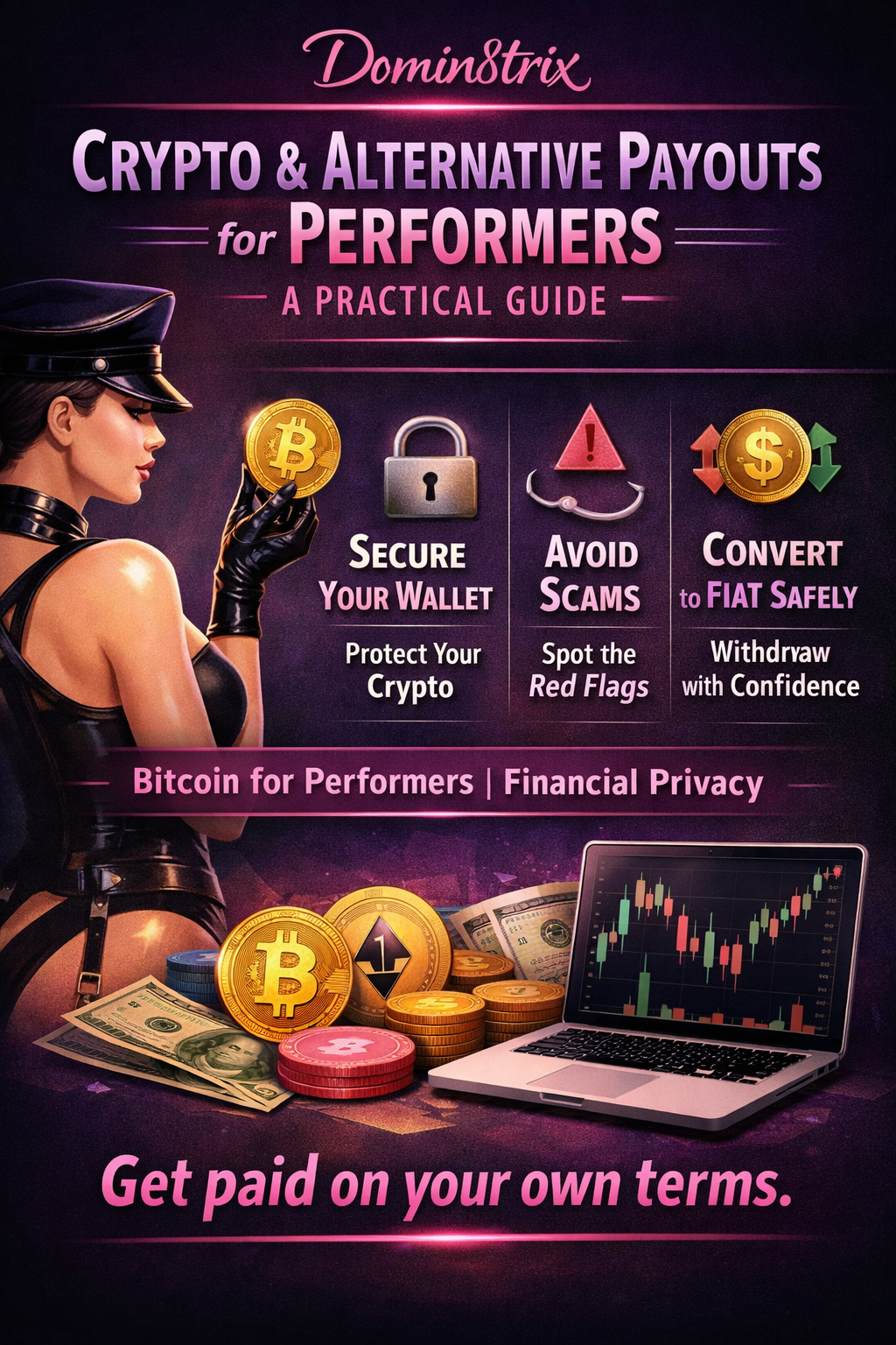 Domin8trix performer holding Bitcoin with wallet, scam warning, and conversion icons