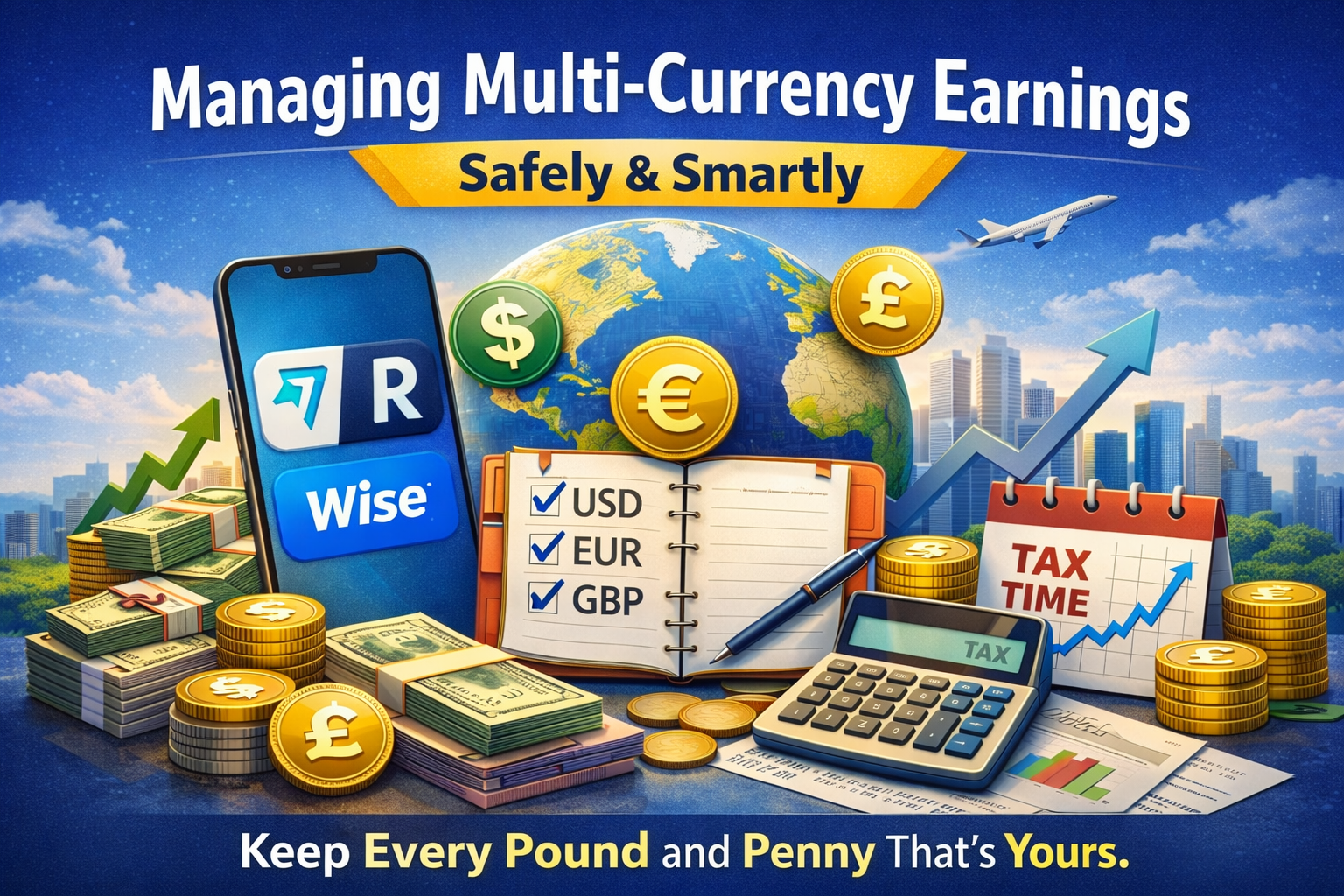 Illustration showing Wise and Revolut apps, multiple currencies (USD, EUR, GBP), a tax calendar, and financial tools for managing performer income.