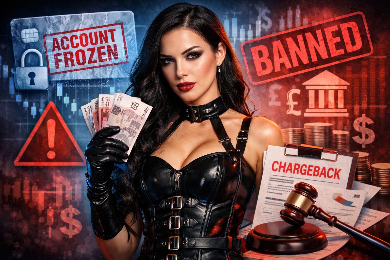 Dominatrix-style woman holding UK banknotes with warnings of "BANNED", "ACCOUNT FROZEN" and "CHARGEBACK" in the background.